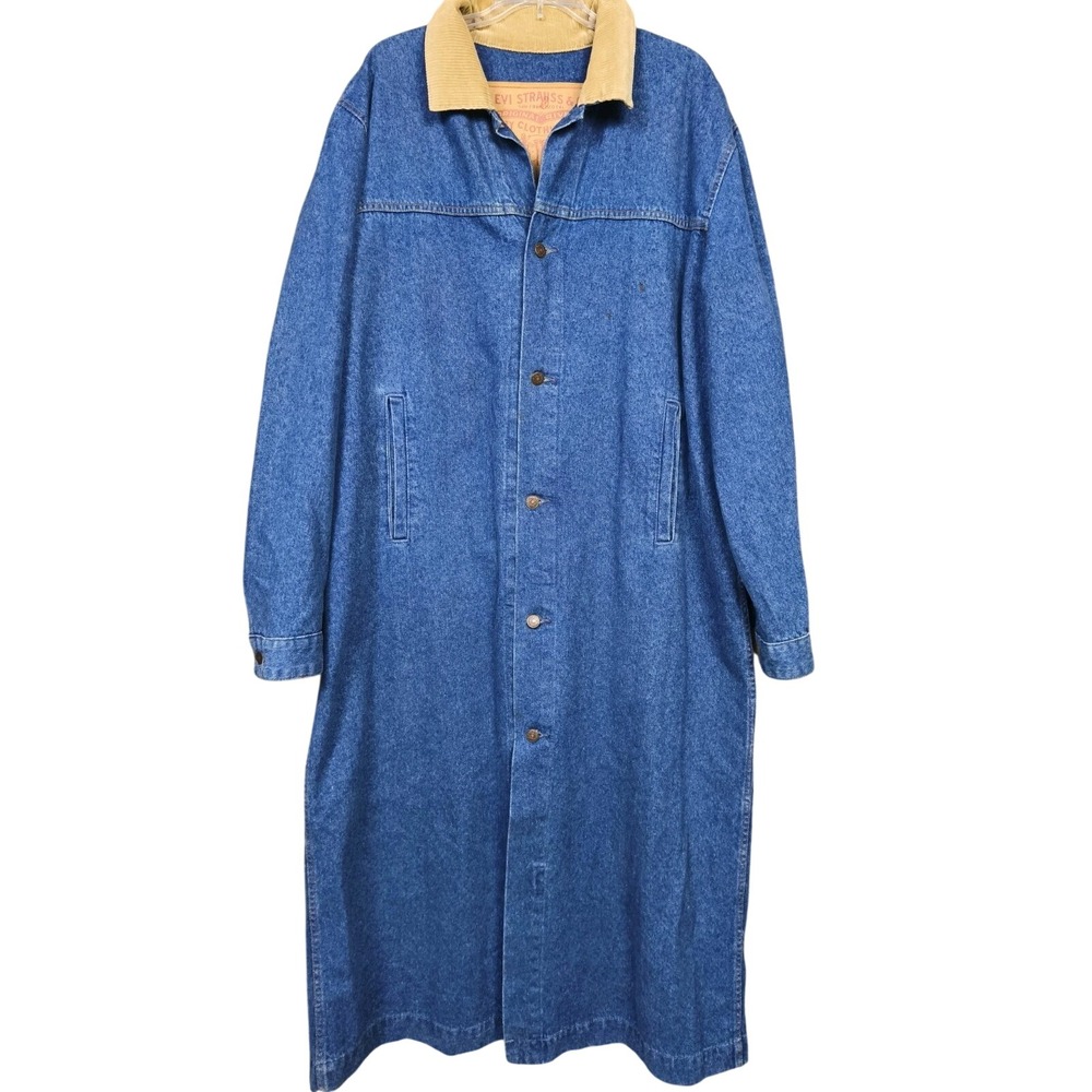Vintage Levis Denim Duster Coat Mens Large Blue Corduroy Collar USA 75070